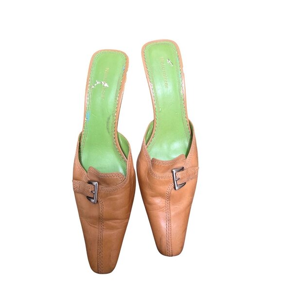 Naturalizer Tan Leather Mule Heels Buckle Detail & Green Insoles Size 8N - Picture 1 of 12